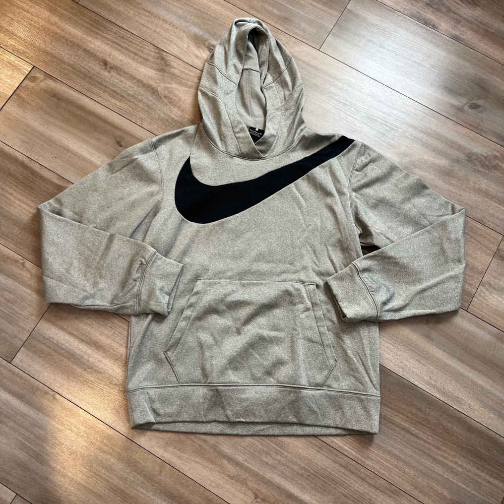 Nike Mens Dri-Fit Hoodie Gray Black Big Swoosh Pullover Sweatshirt Size S